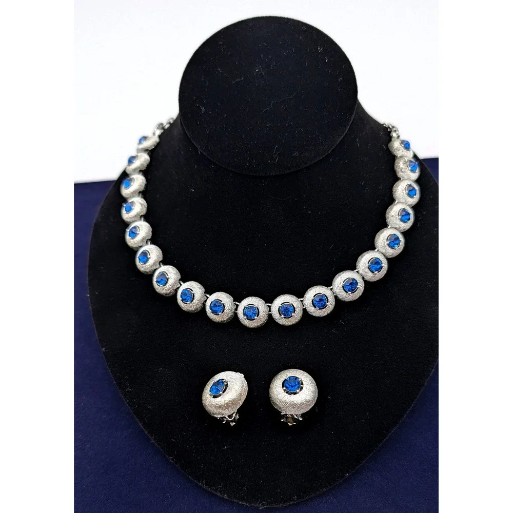 Vintage Silver Tone Blue Rhinestone Choker Necklace and Clip On Earrings Set